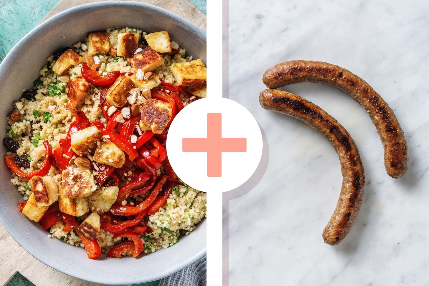Veggie + protein - Couscous épicé au halloumi avec des merguez de bœuf en extra