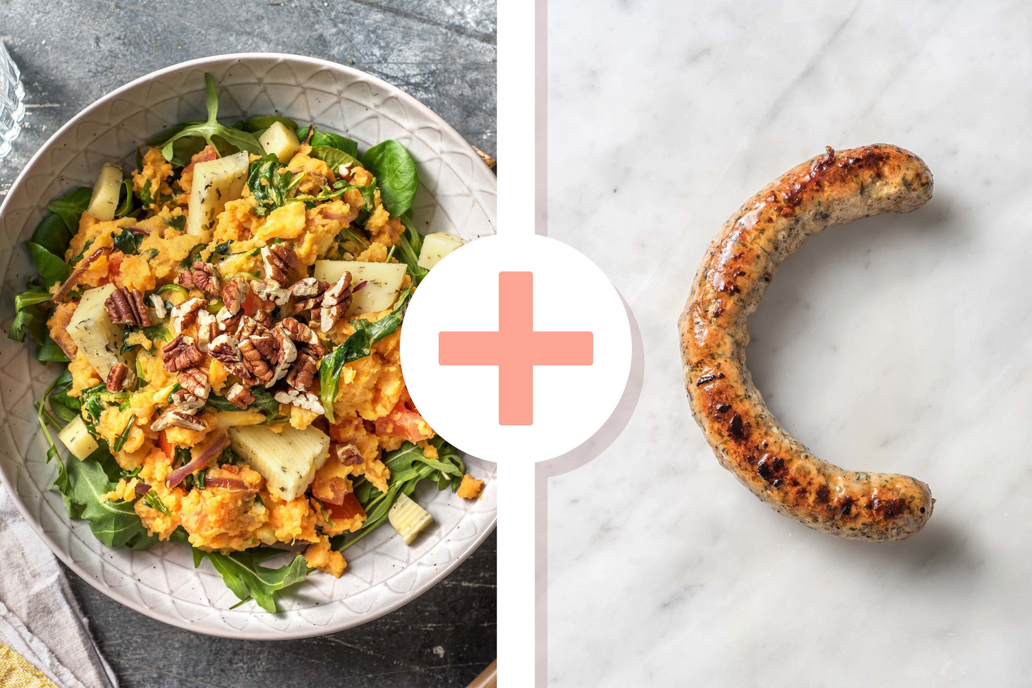 Veggie + protein - Zoete-aardappelstamppot met kruidenkaasblokjes