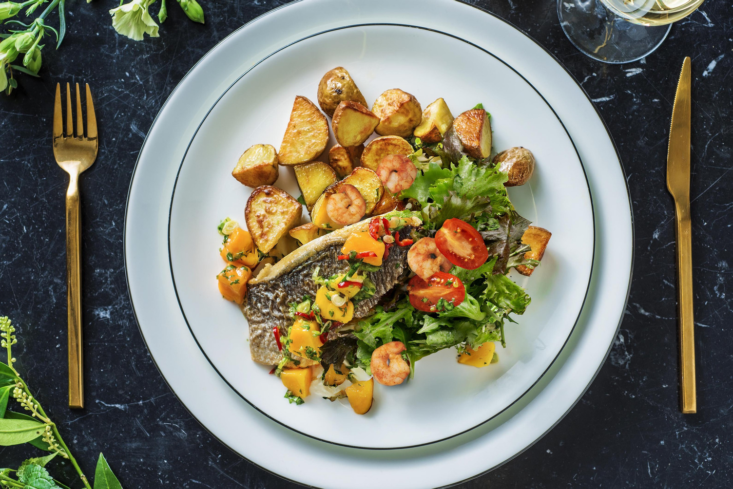 Zesty Sea Bream, Mango Salsa and King Prawns