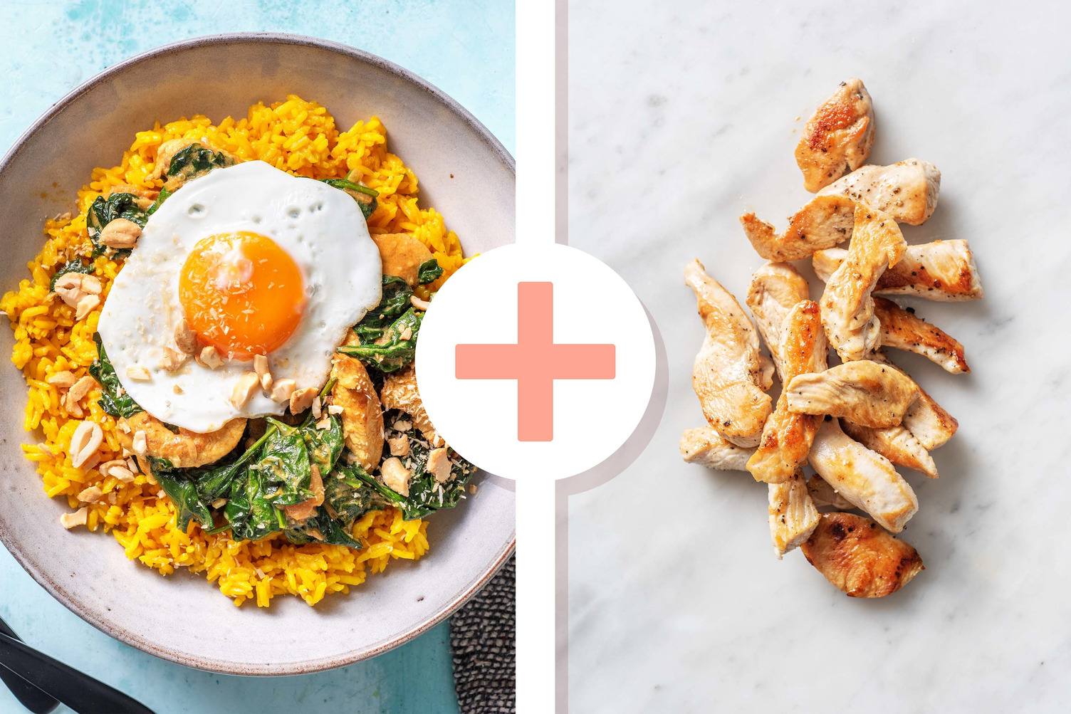 Veggie + protein - Gele rijst met kip en spinazie-kokoscurry