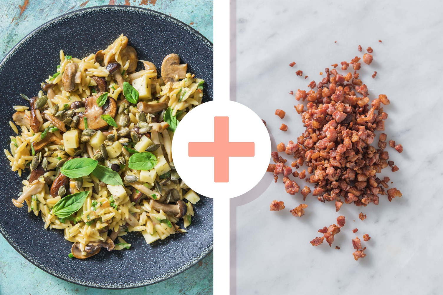 Veggie + protein - Paddenstoelenrisotto van orzo met spekjes als extra