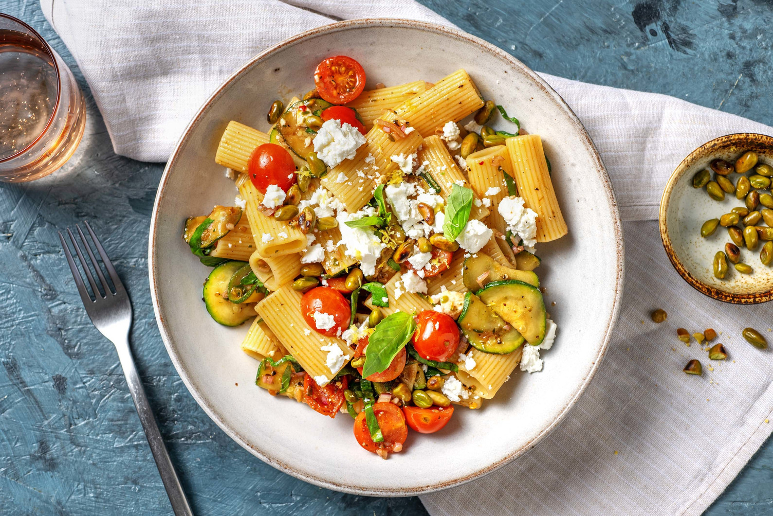 Salade de rigatoni aux courgettes poêlées et au basilic