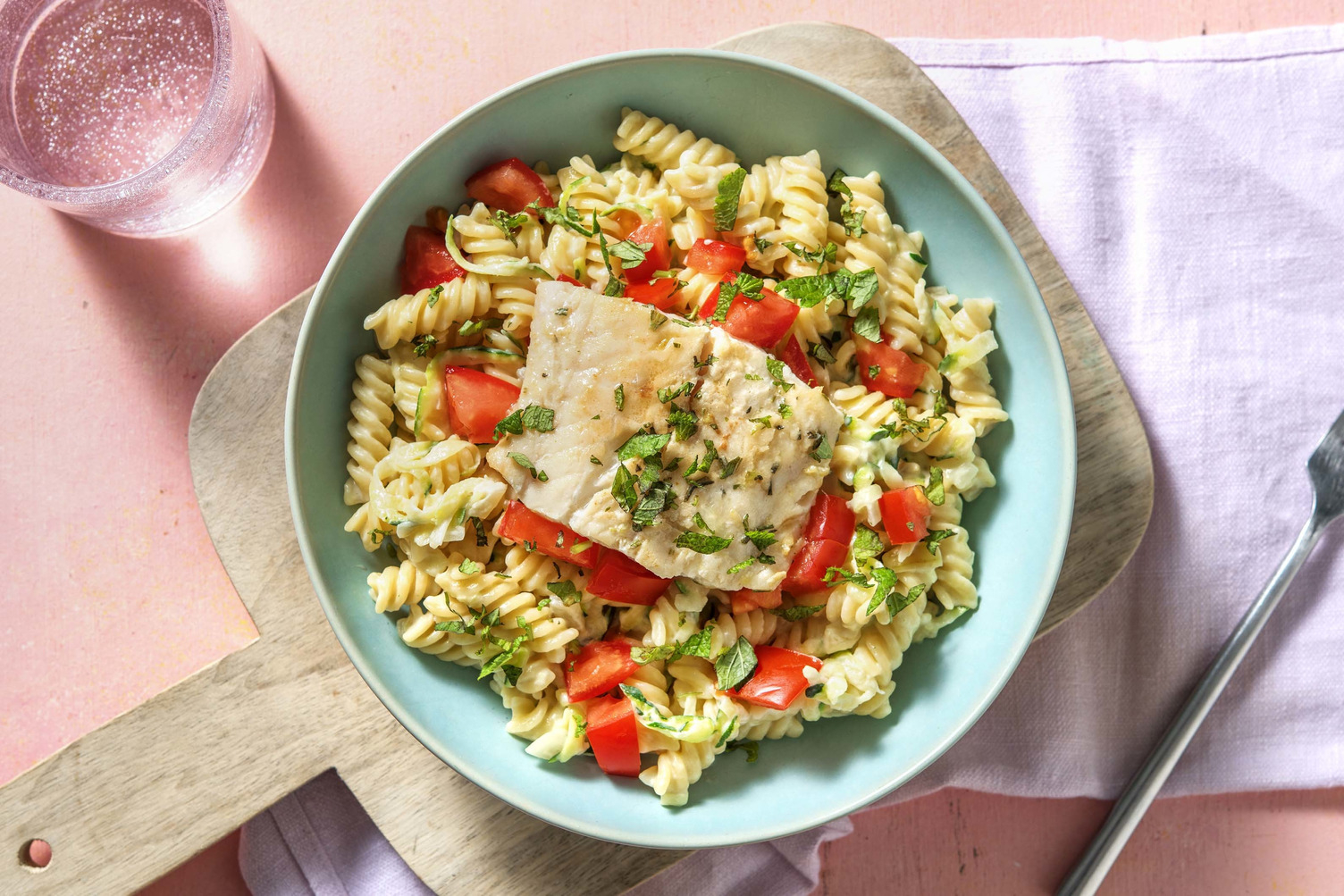 Églefin poêlé et fusili à la crème de courgette