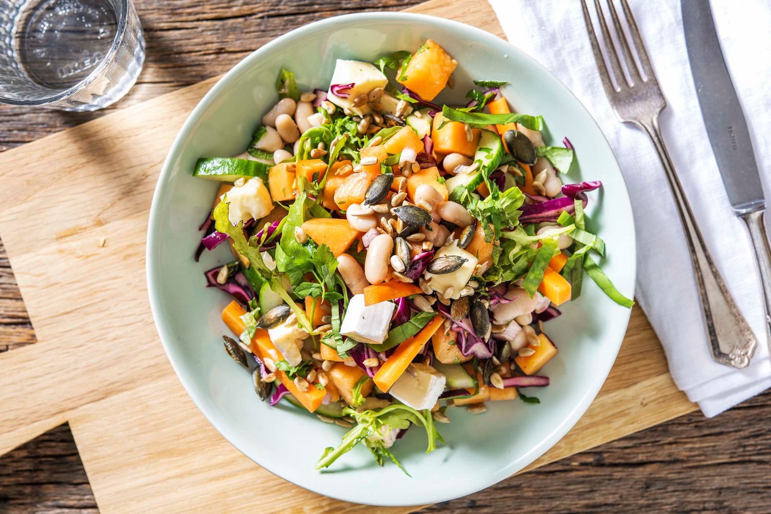 Salade estivale de melon, fourme d'Ambert & haricots blancs