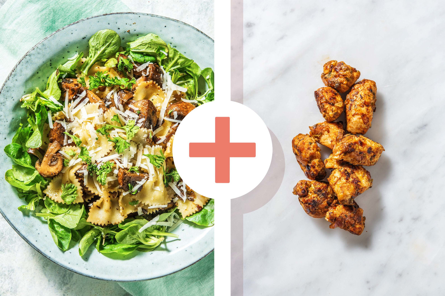 Veggie + protein - Farfalle au pesto de champignons des bois et émincés de poulet en extra