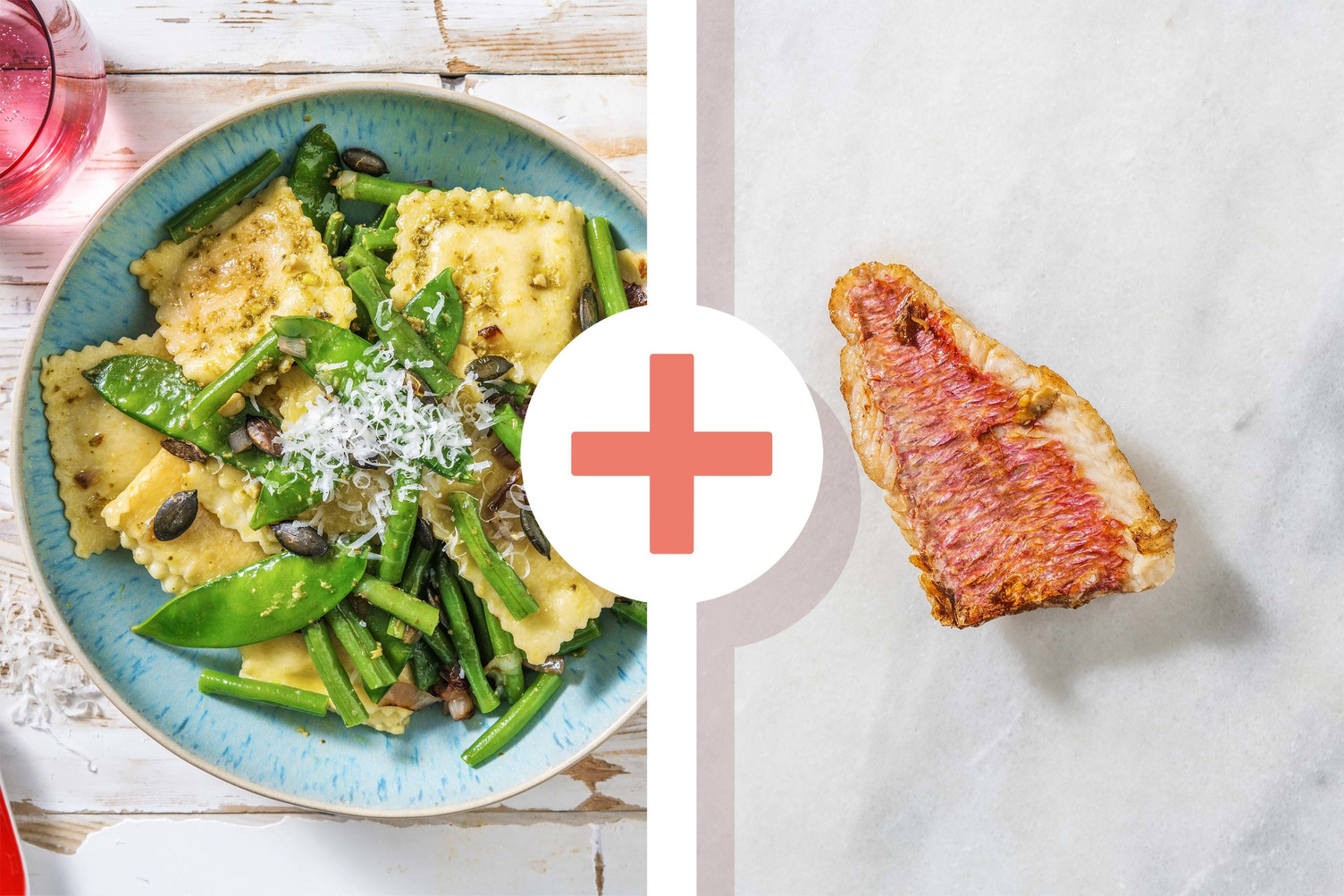 Veggie + protein - Ravioli et filet de sébaste en extra