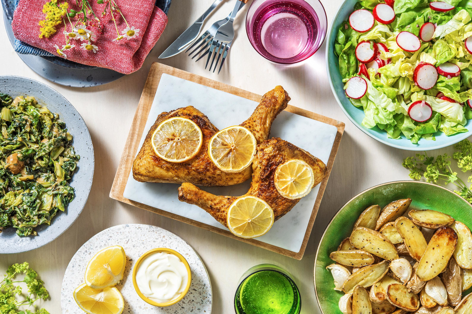 Cuisse de poulet rôtie & sauce crème aux fines herbes