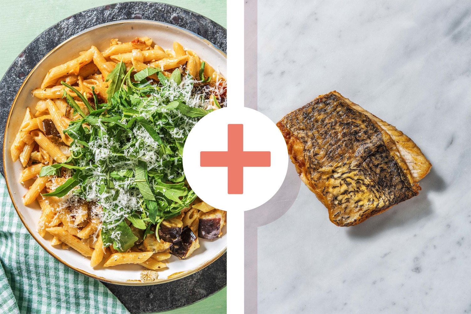 Veggie + protein - Penne in aubergine-roomsaus met doradefilet als extra