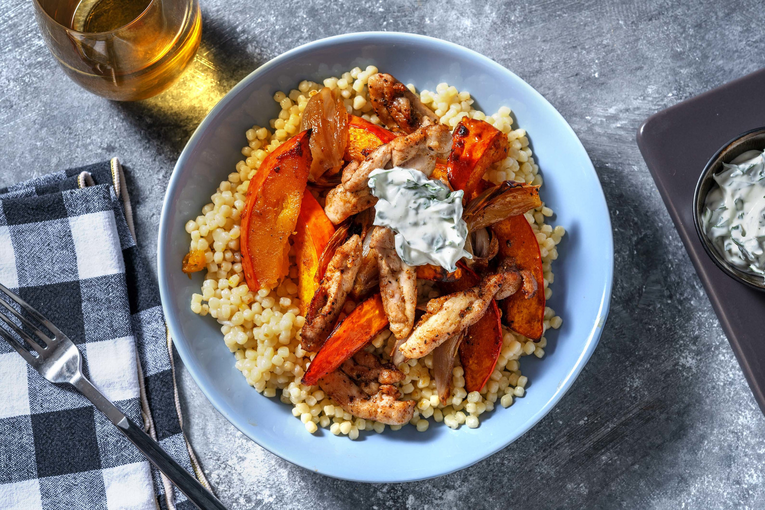 Potimarron rôti & poulet mariné aux épices