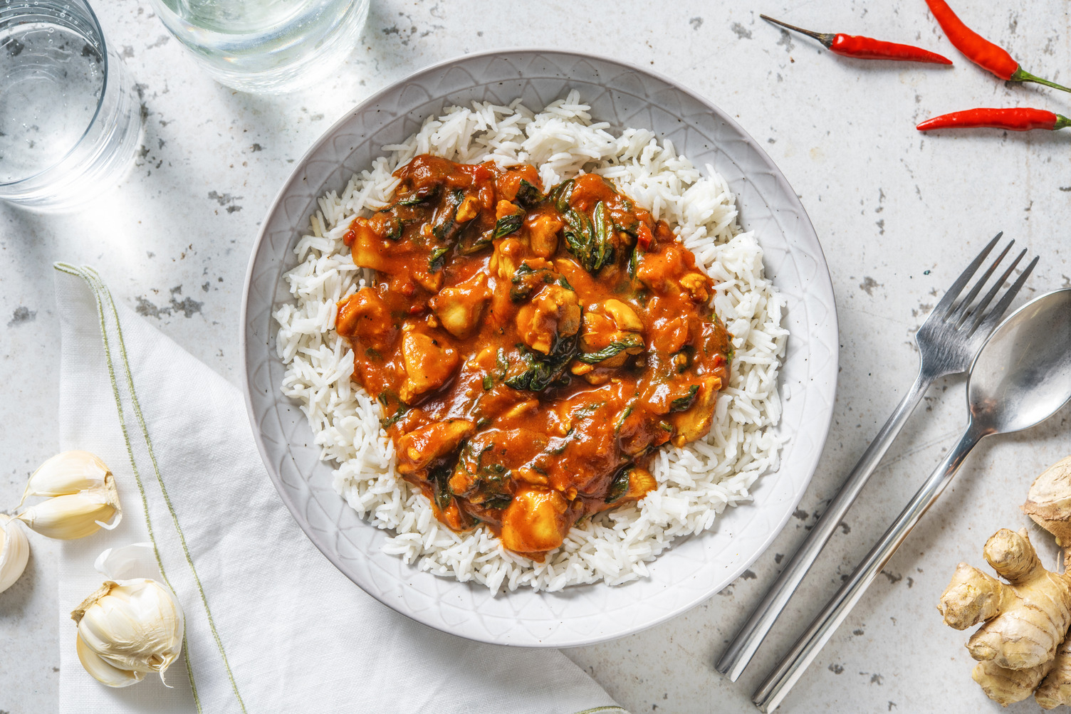 Vindaloo Style Chicken Curry with Rice and Spinach