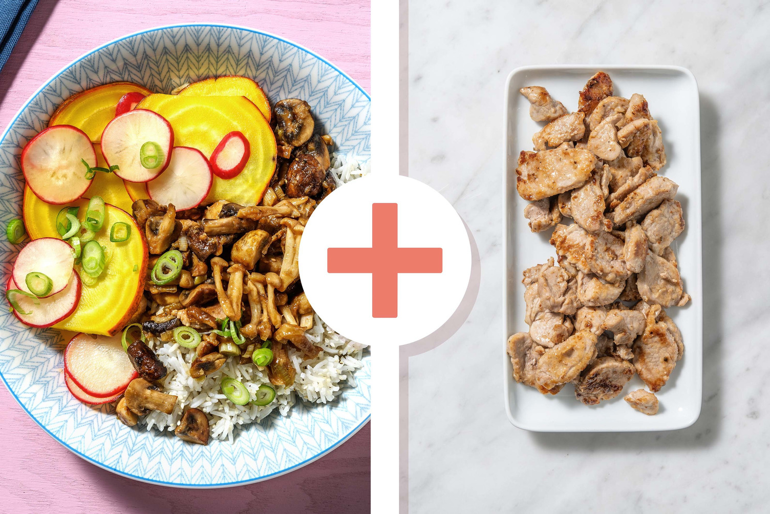 Veggie + protein - Sticky paddenstoelen met varkenshaaspuntjes als extra