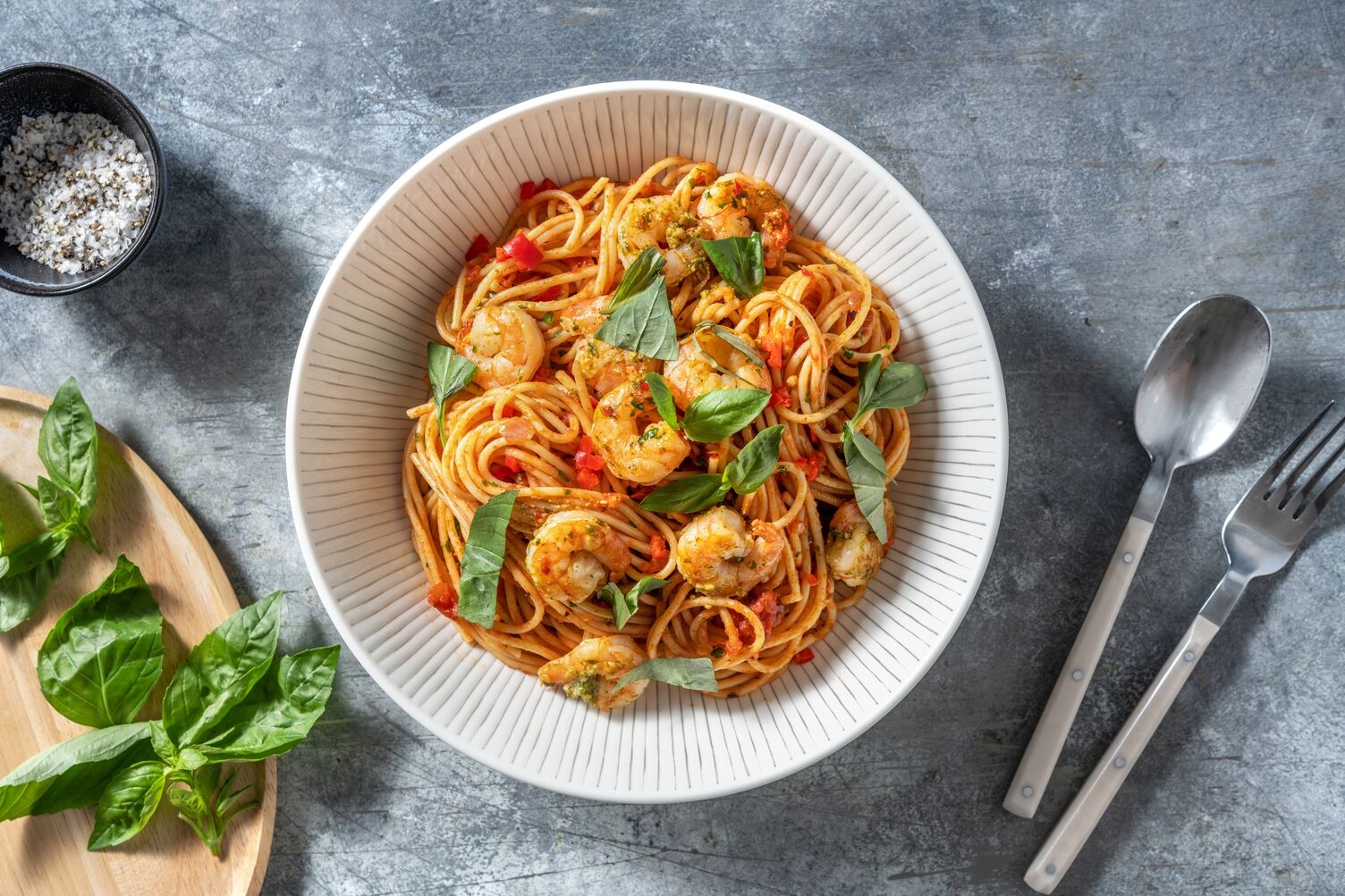 Spaghetti nach Art Bruschetta mit Riesencrevetten