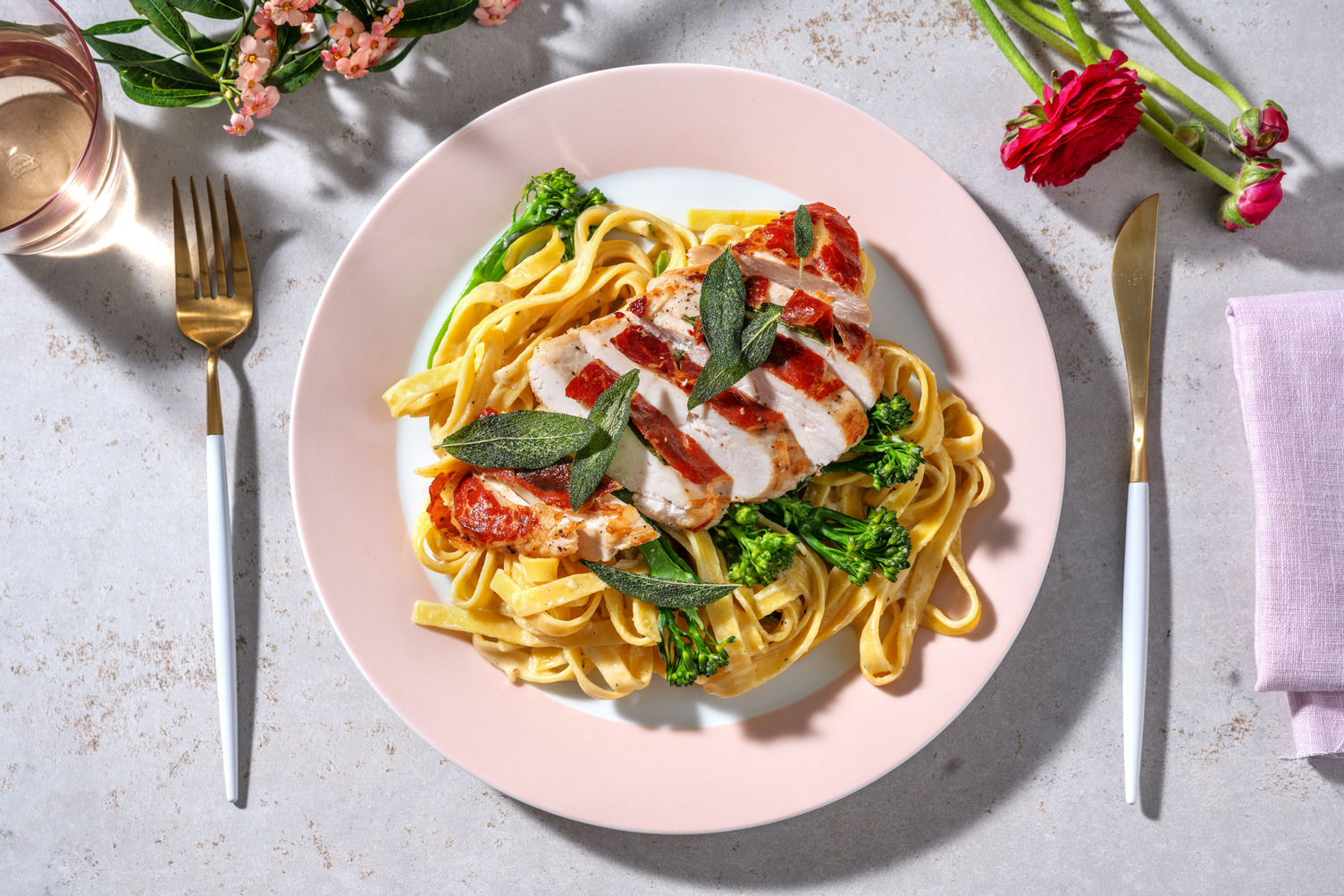 Chicken Saltimbocca and Creamy Tagliatelle and Tenderstem® 