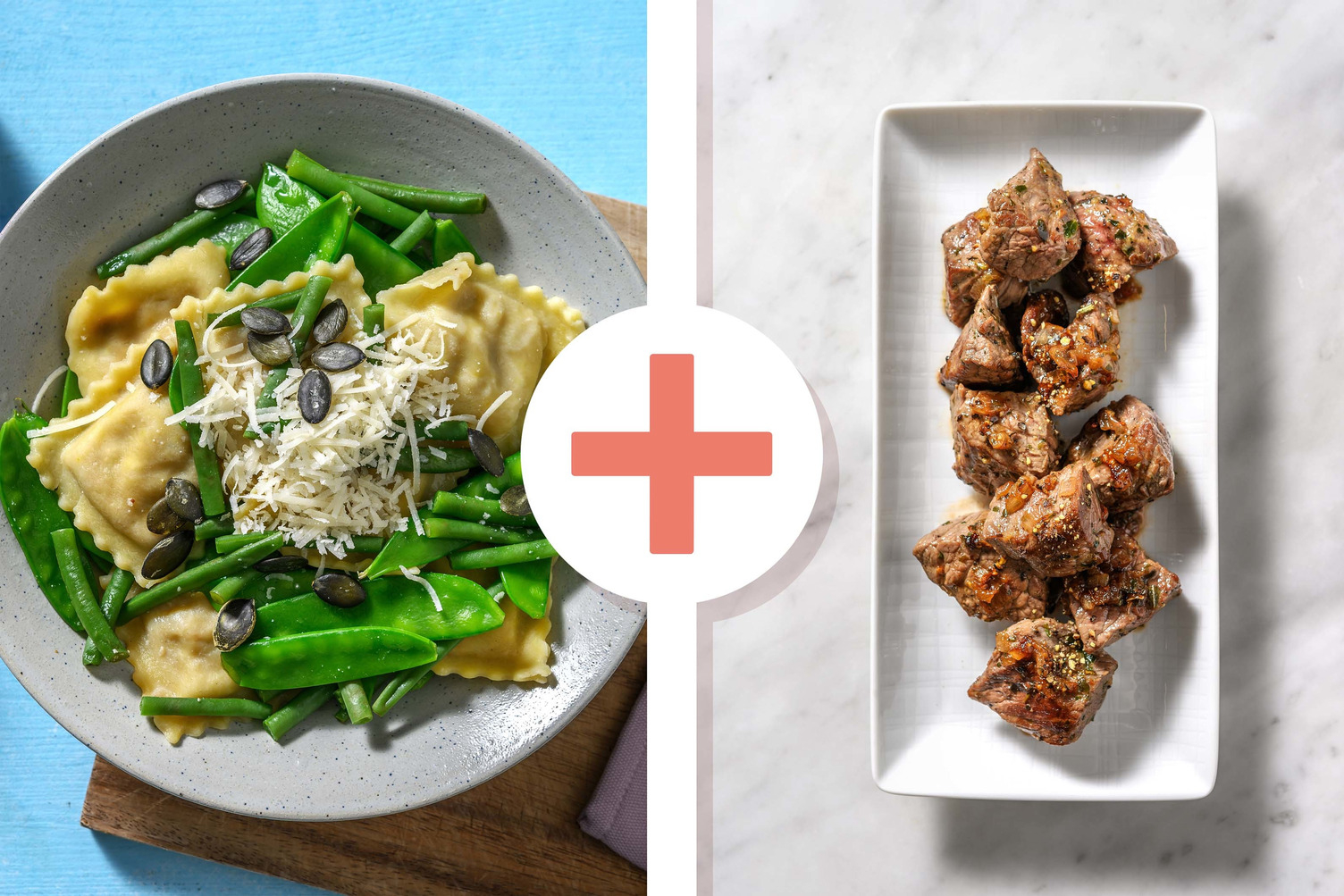 Veggie + protein - Ravioli met biefstukpuntjes als extra