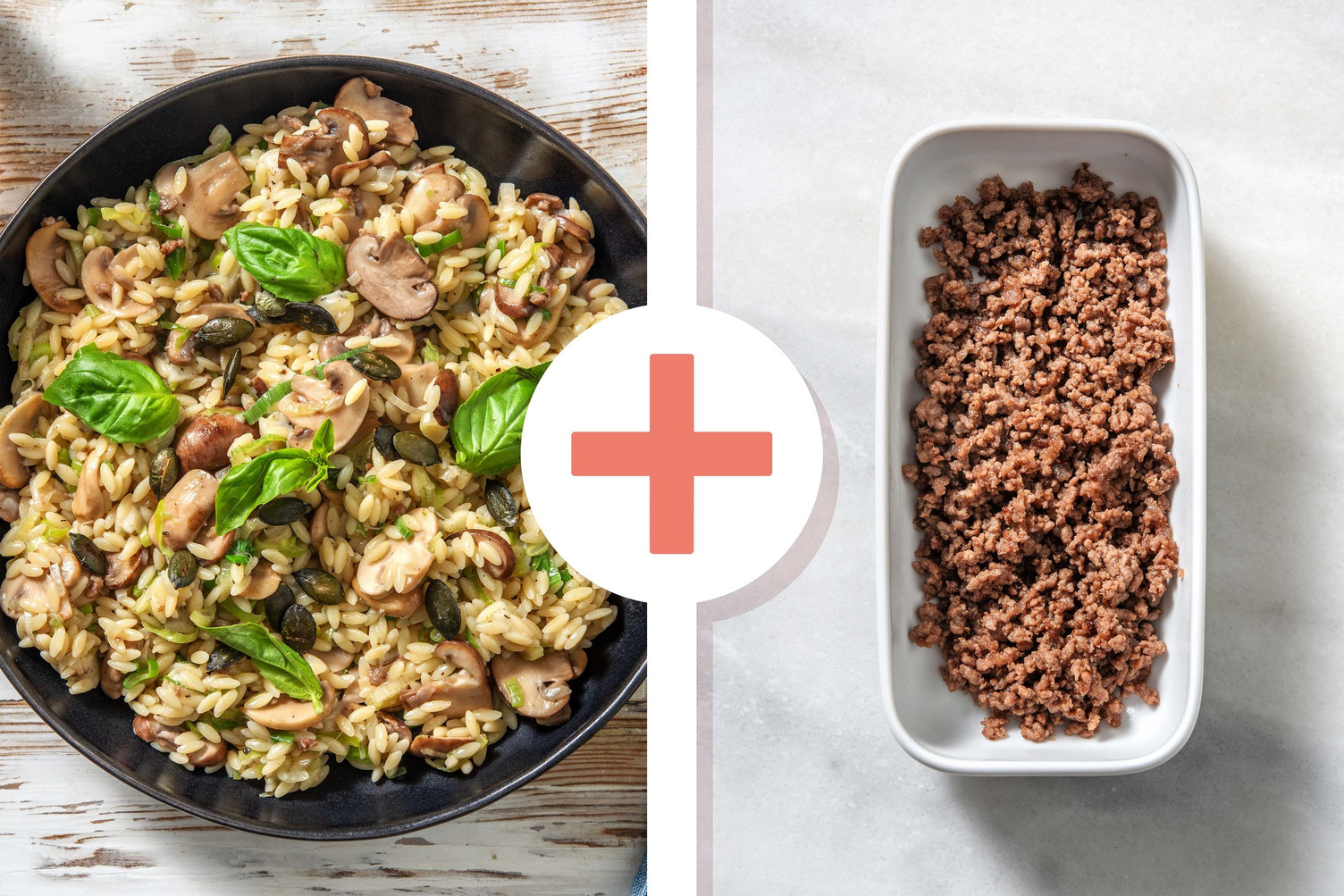 Veggie + Protein -  Risotto d'orzo aux champignons et bœuf haché en extra