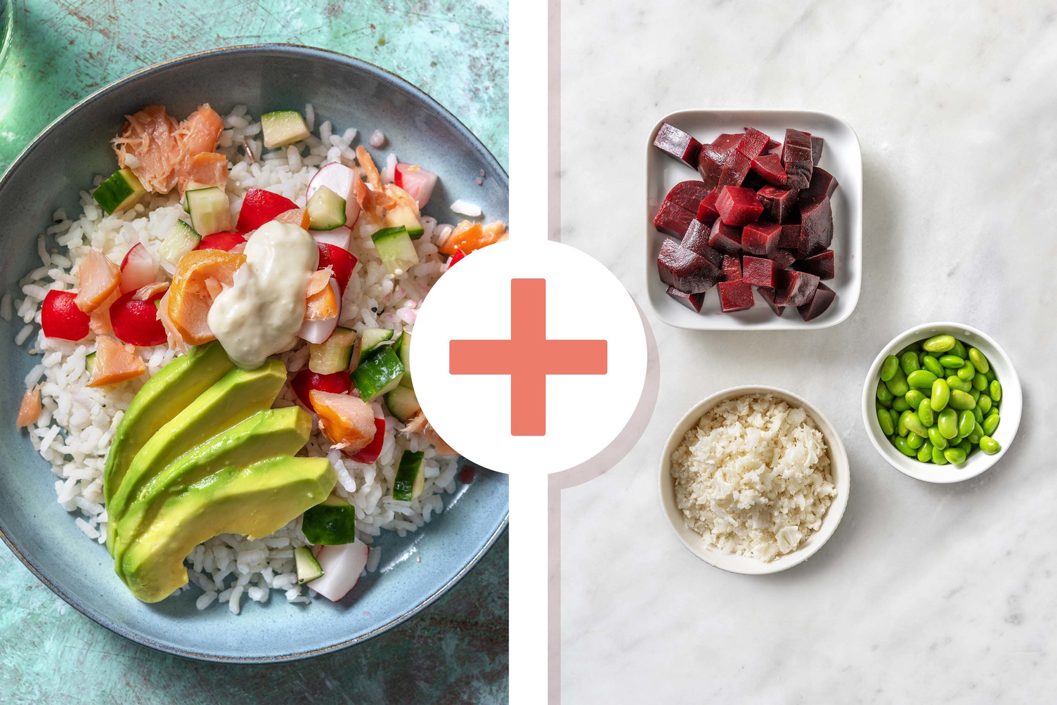 Double veggie - Sushibowl met warmgerookte zalm en gembermayonaise 