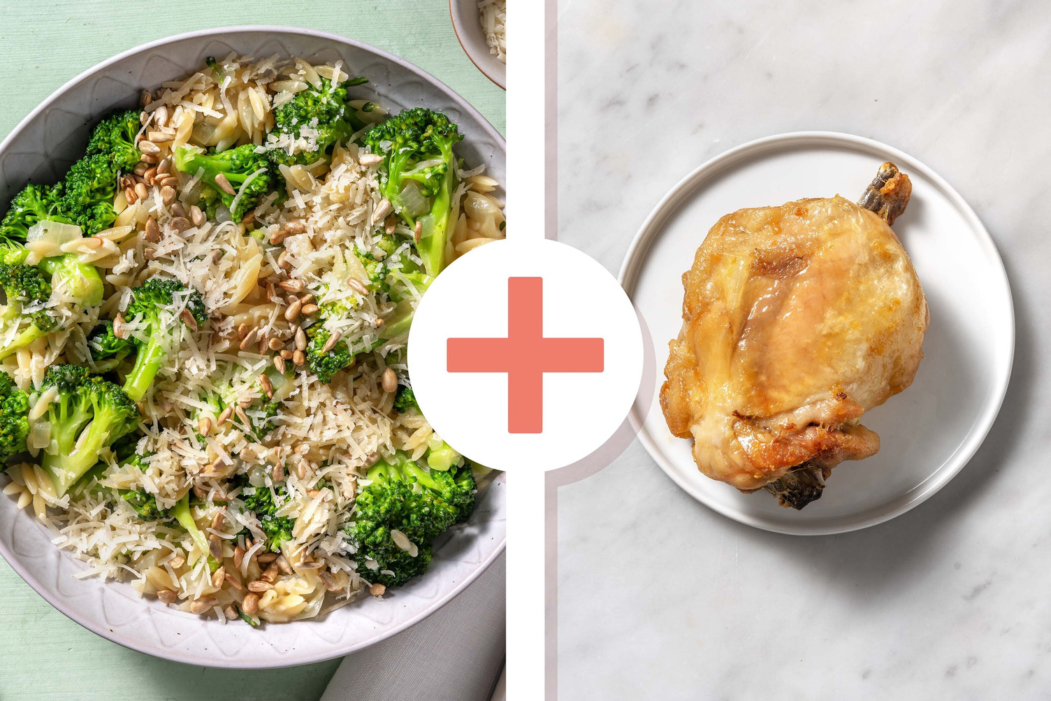 Veggie + protein - Orzo met gekonfijte kippendij als extra