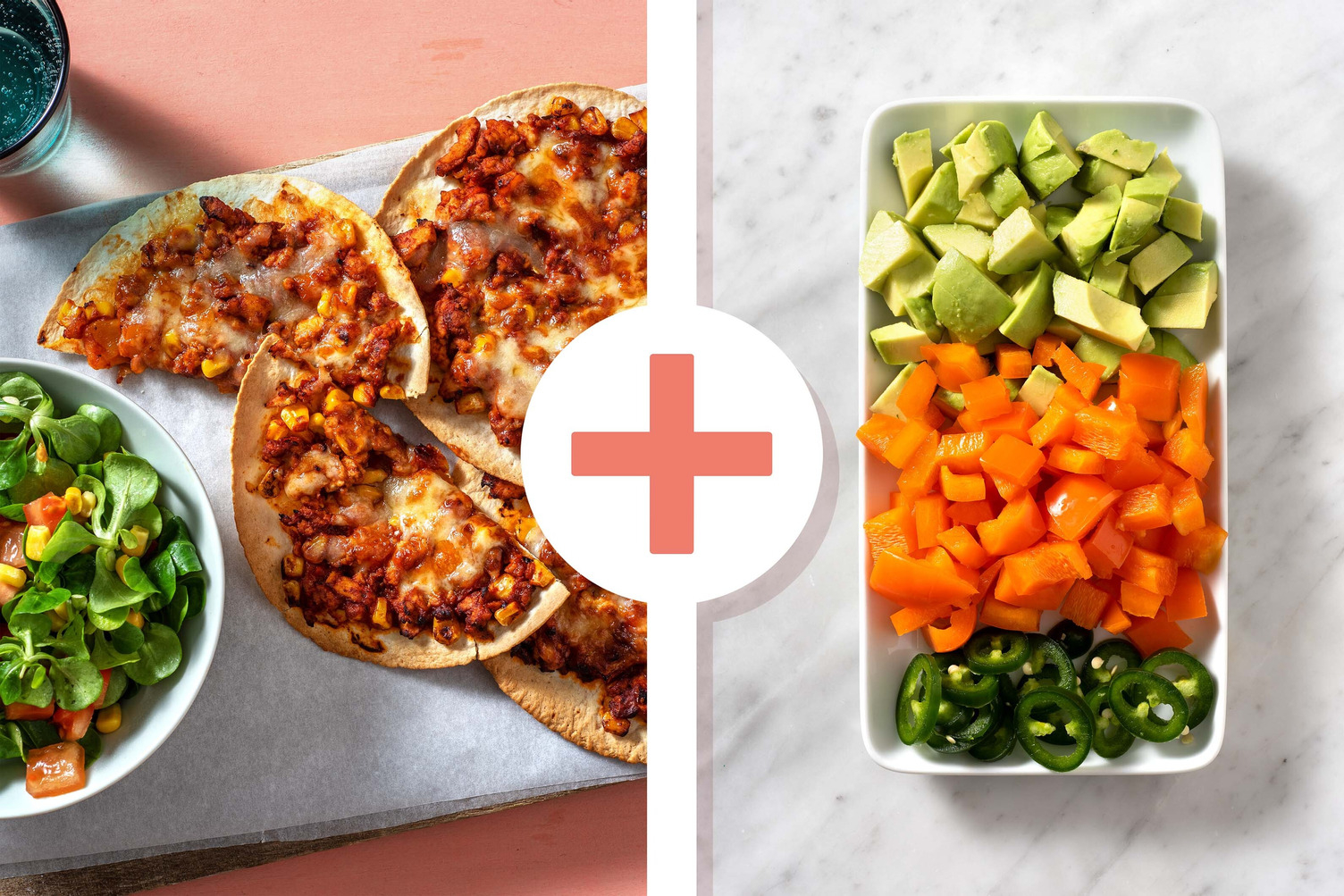 Double Veggie - Tostada met gekruid kipgehakt en cheddar