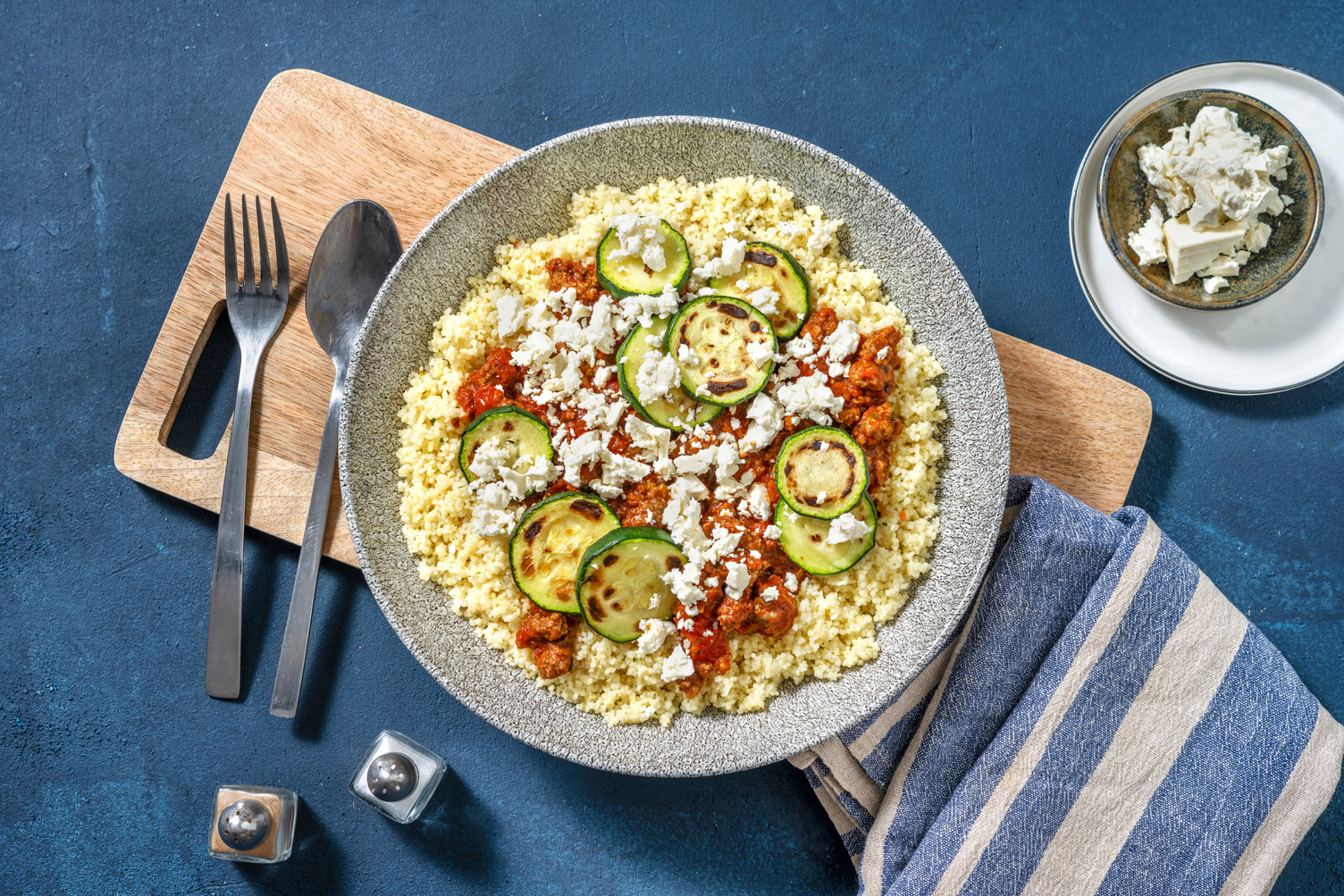 Middle Eastern Beef Stew with Charred Courgette, Greek Salad Cheese