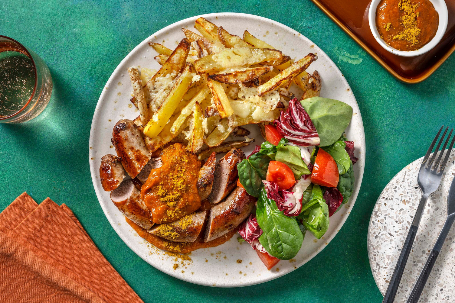 Saucisse façon curry wurst & frites au cheddar