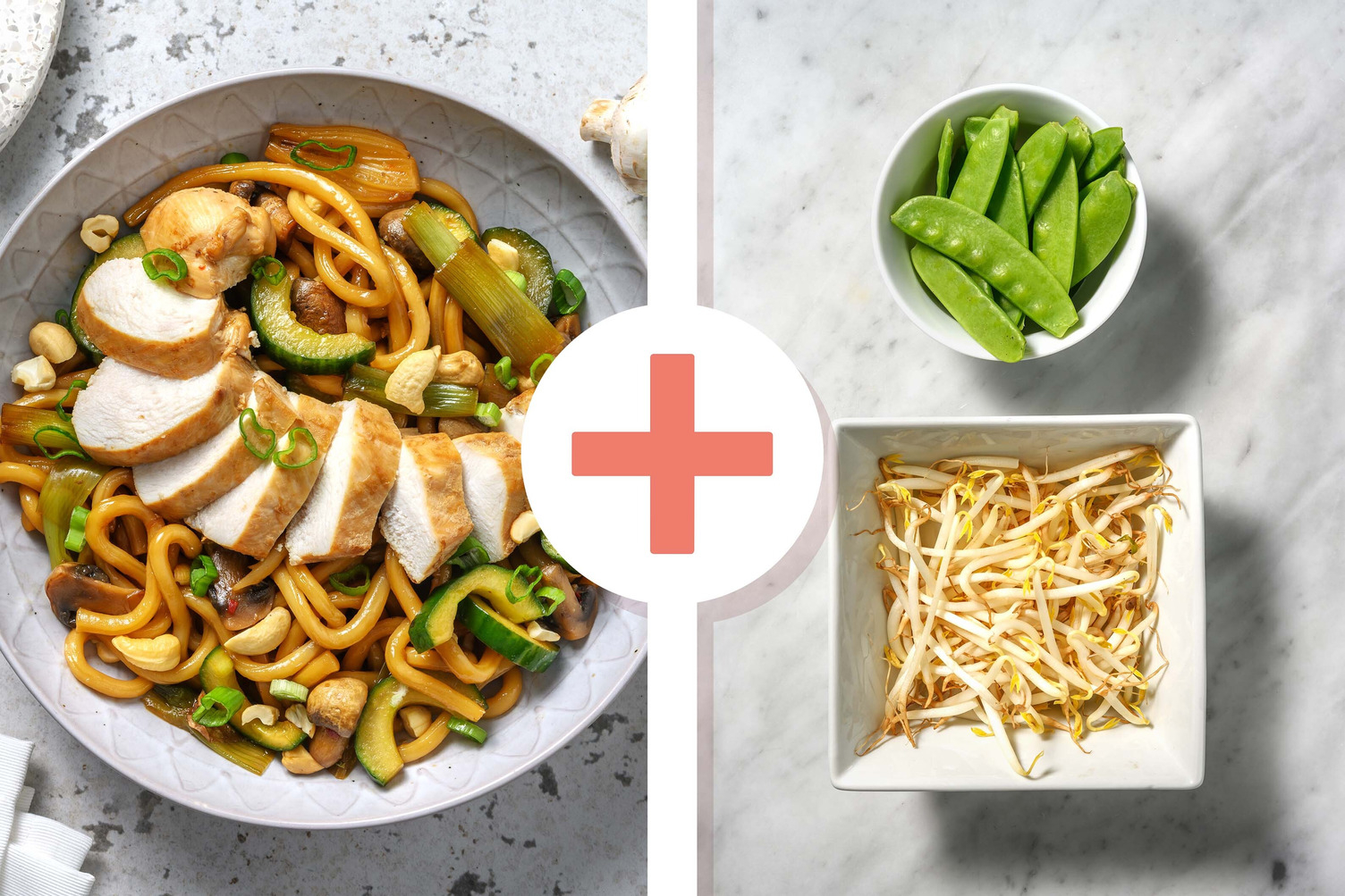 Double veggie - Udonnoedels met kip in zoete Aziatische saus