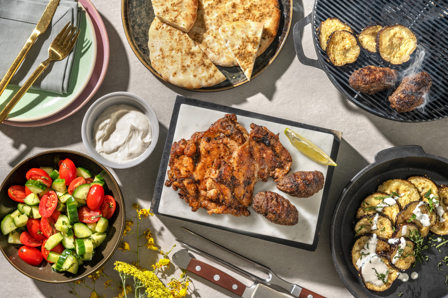 BBQ Lamb Shawarma Kebabs and Baharat Chicken