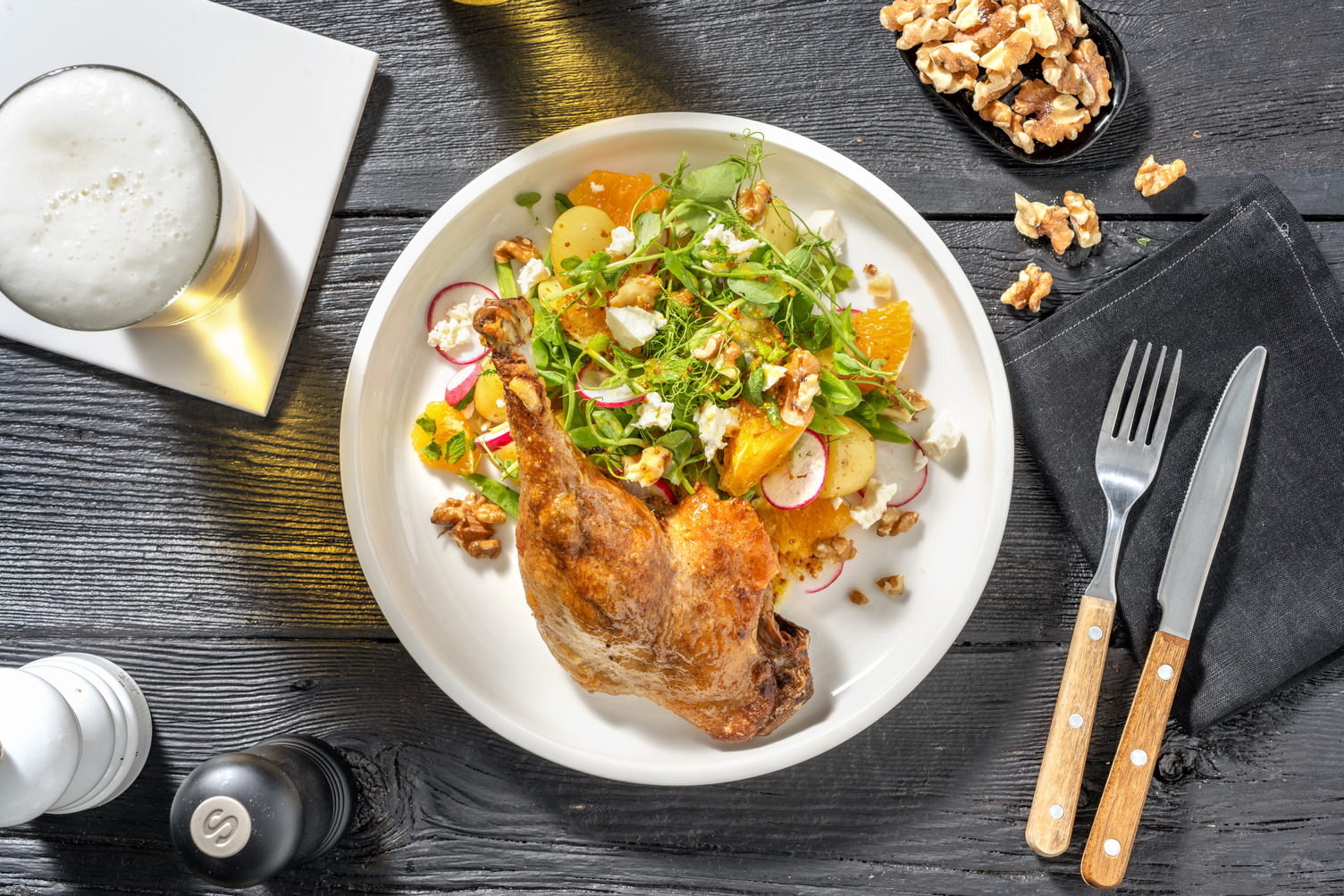 Confit Duck Leg, Pea Shoot and Orange Salad