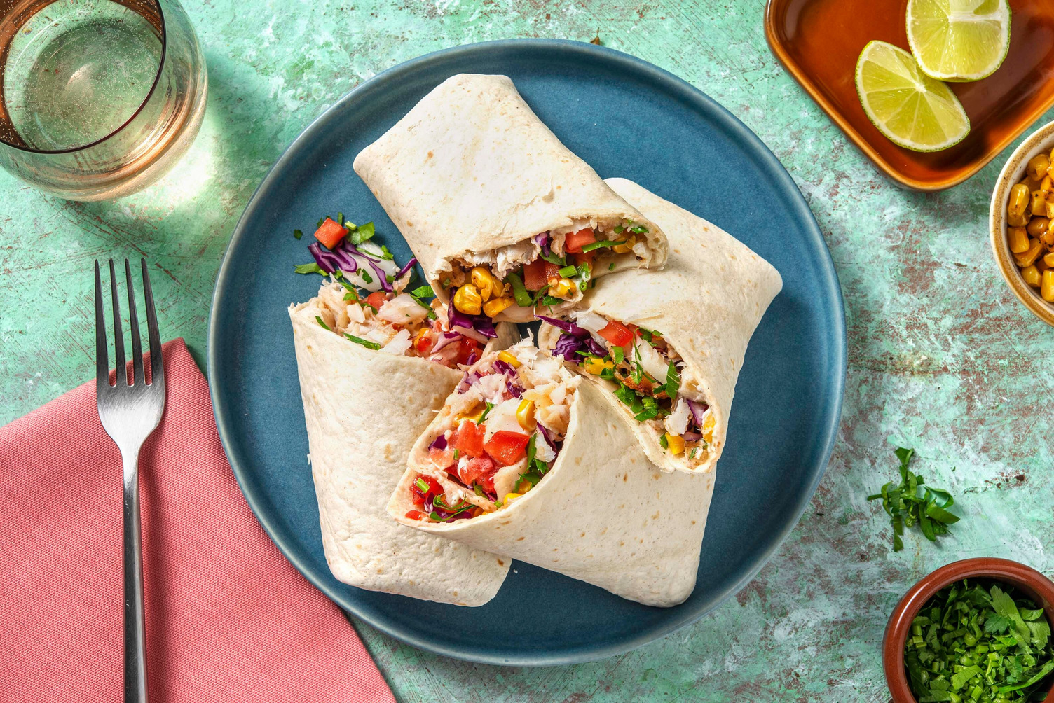 Wraps de cabillaud, maïs sauté & aïoli