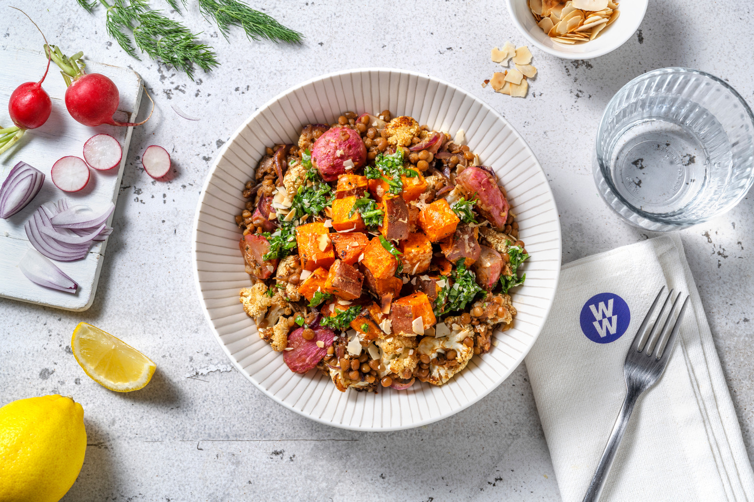 Roasted Chermoula Veg and Balsamic Lentils