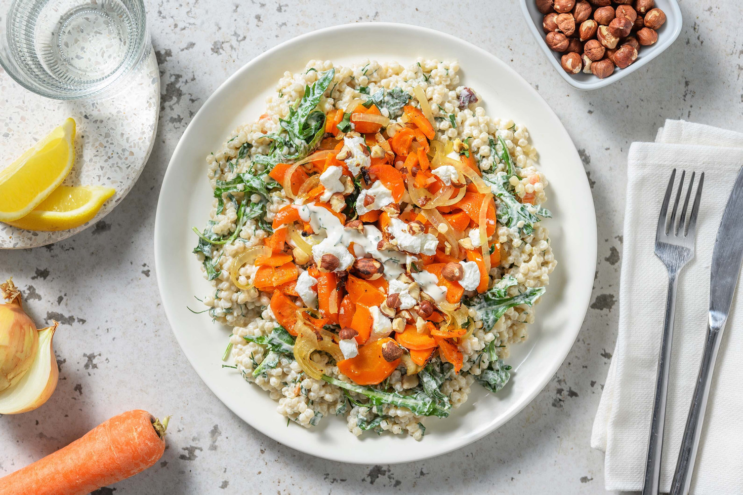 Salade couscous perlé, chèvre & carottes rôties