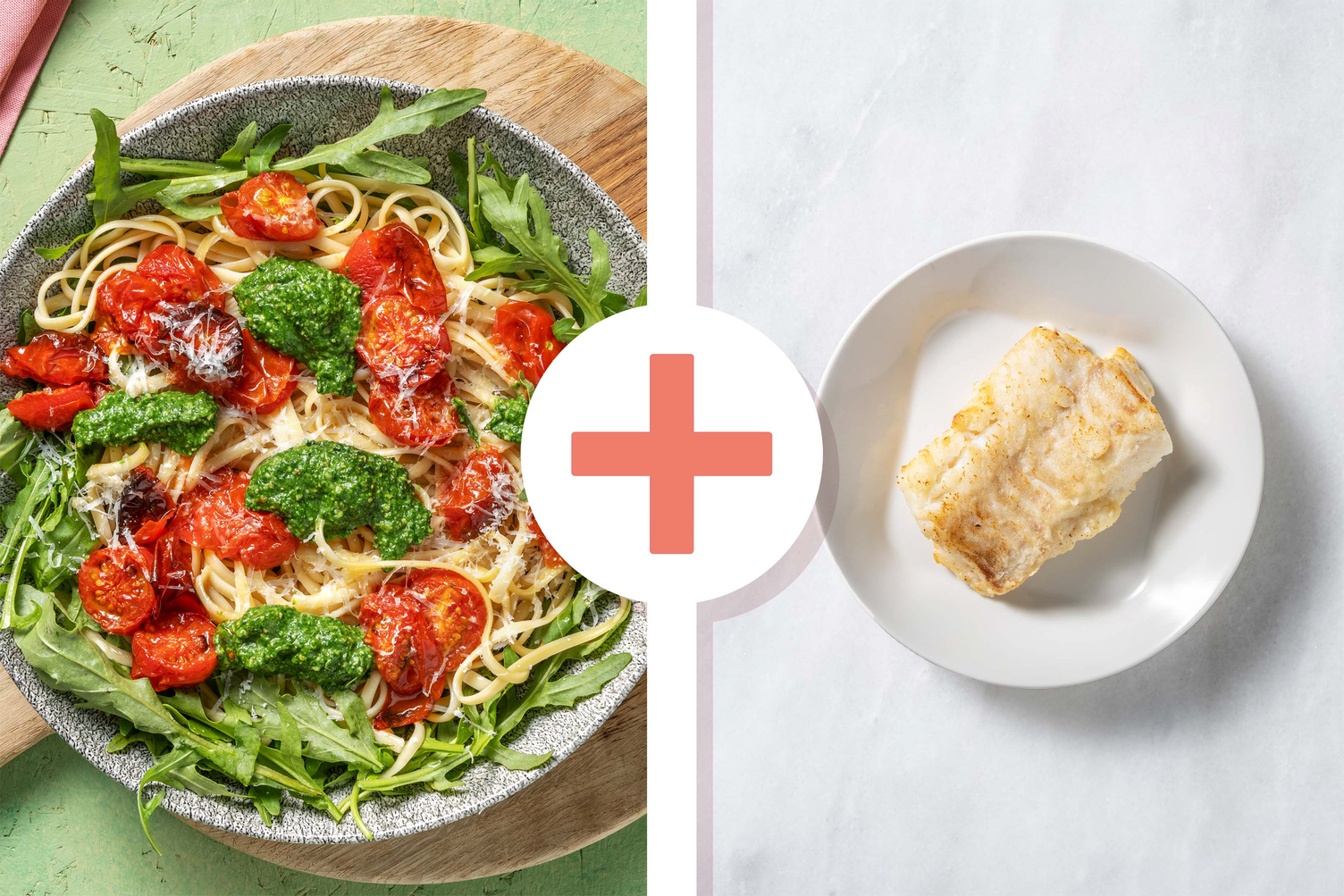 Veggie + protein: Linguine met spinaziepesto en kabeljauwfilet als extra