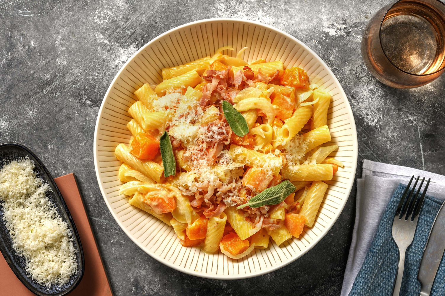 Tortiglioni autunnali con zucca e pancetta