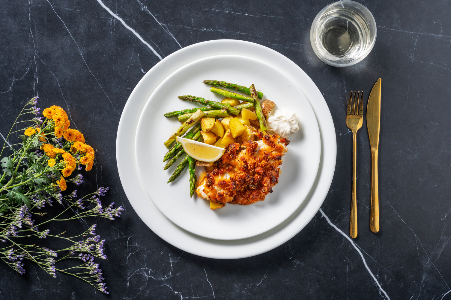 Cheesy Chorizo Crusted Cod with Roasted Potatoes, Asparagus and Aioli
