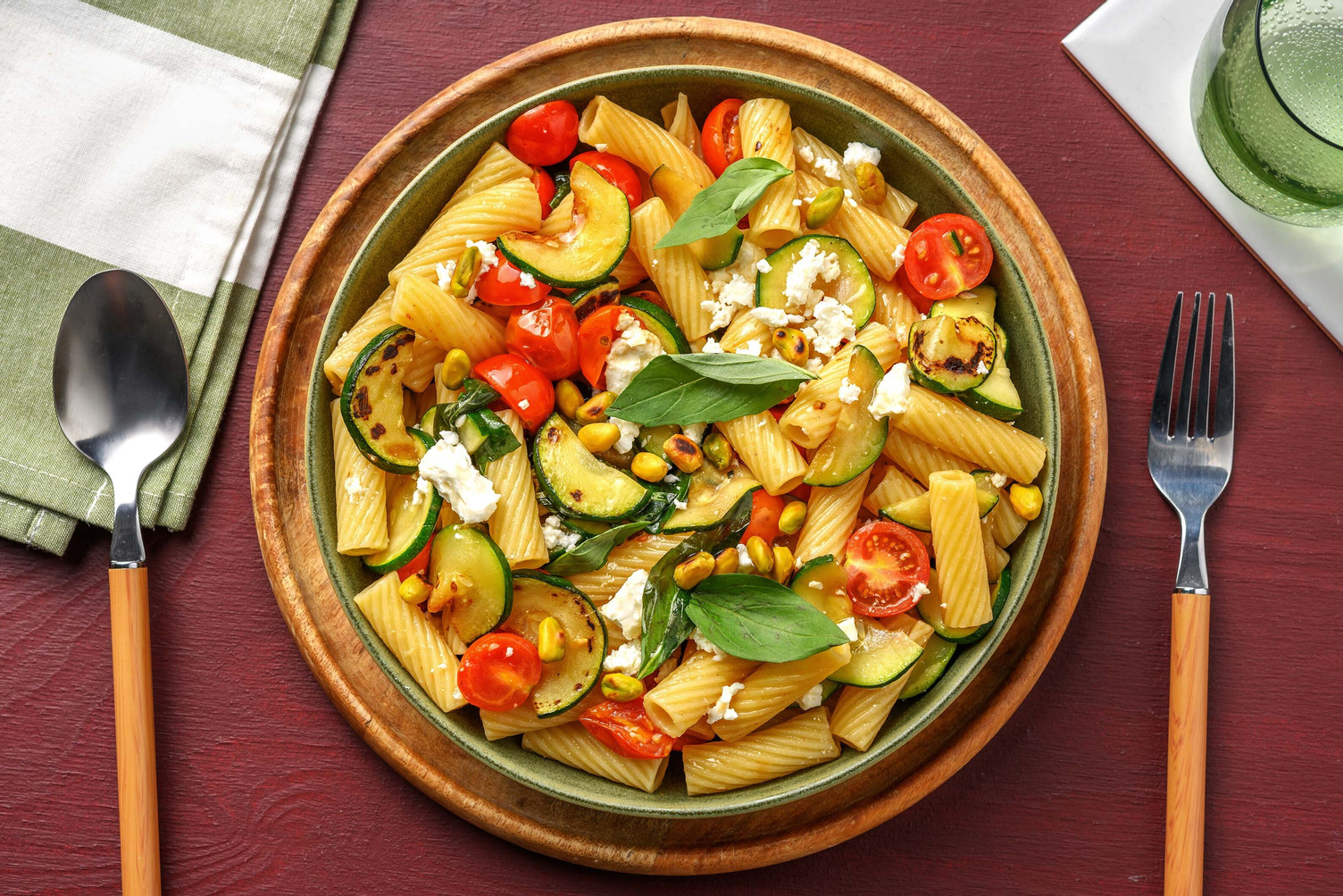 Pasta tiepida con pomodorini, zucchine e mandorle