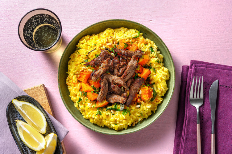 Kürbis-Risotto mit extra Bio-Schweinestreifen