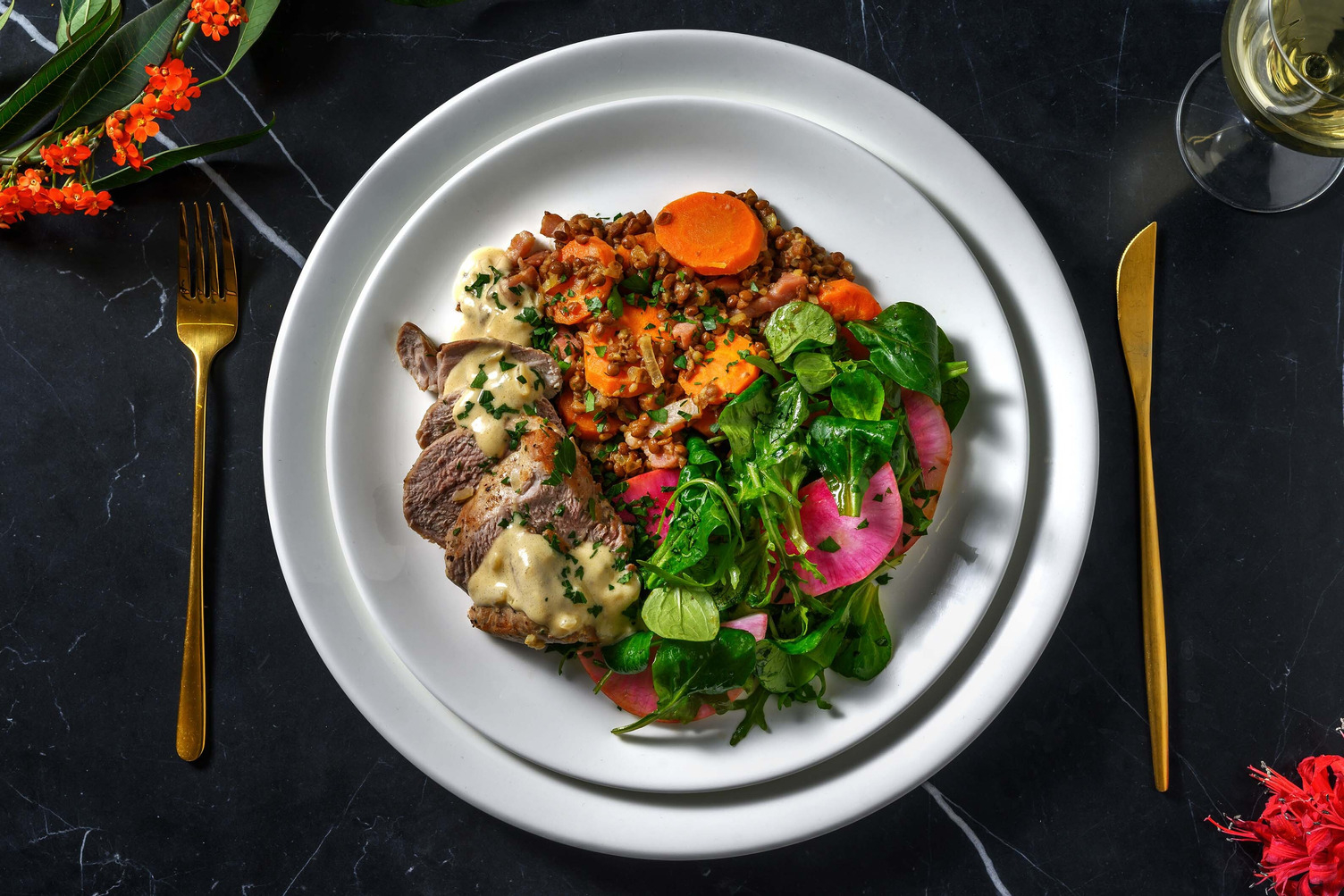 Filet mignon de porc, lentilles & lardons