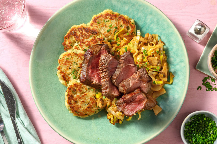 Selbst gemachte Pfannenknödel mit extra Weiderindersteak