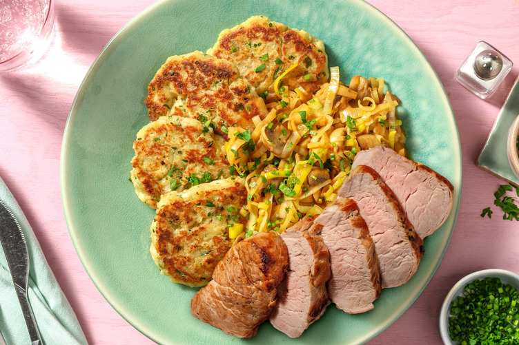 Selbst gemachte Pfannenknödel mit extra Bio-Schweinefilet 