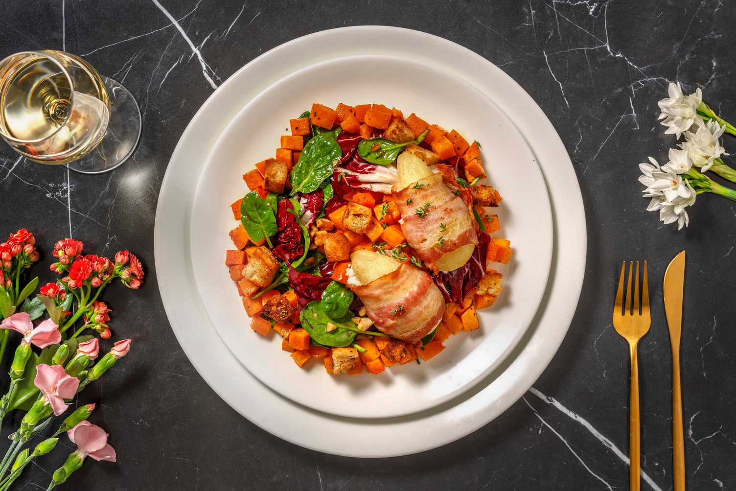 Poire au chèvre enlacée de lard