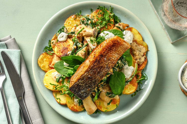 Röstkartoffeln mit Kräuterseitlingsrahm & extra Lachs