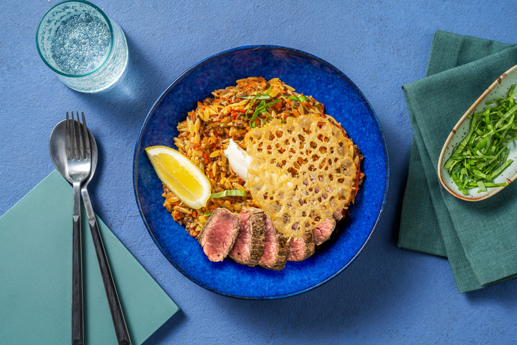 Orzo mit extra Steak und selbst gemachtem Calabrese Pesto