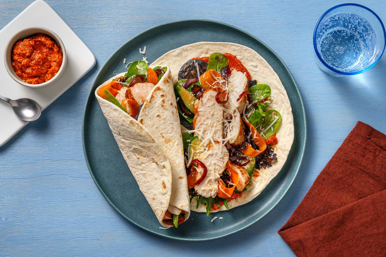 Wraps poulet, fromage & pesto rosso