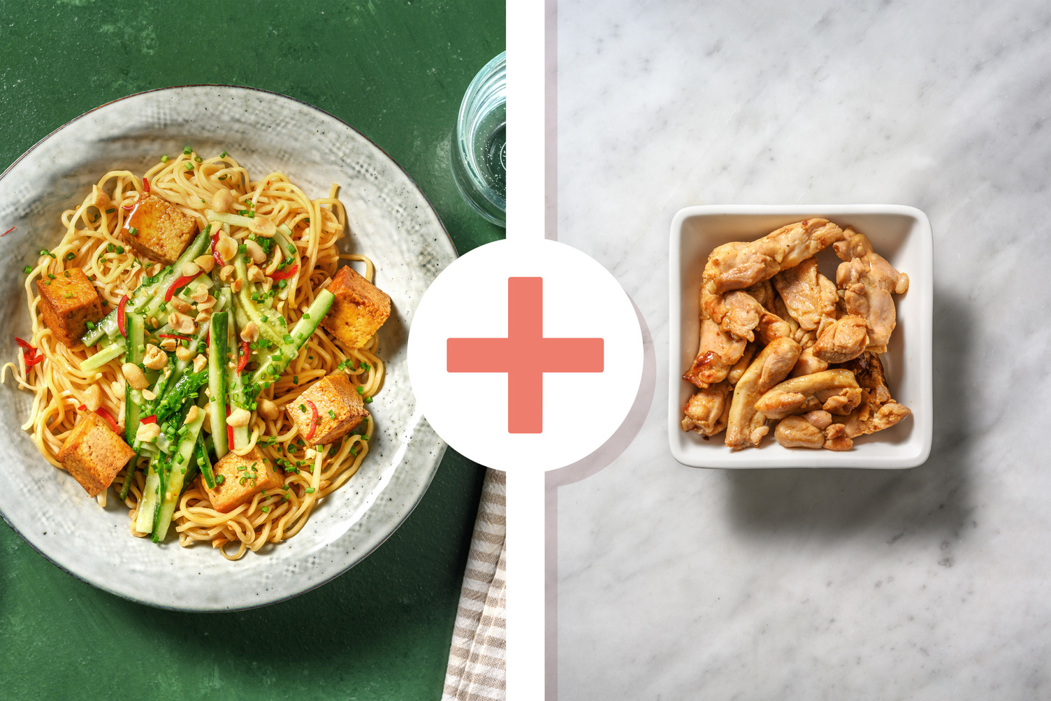 Noodles piccanti, tofu e pollo in agrodolce