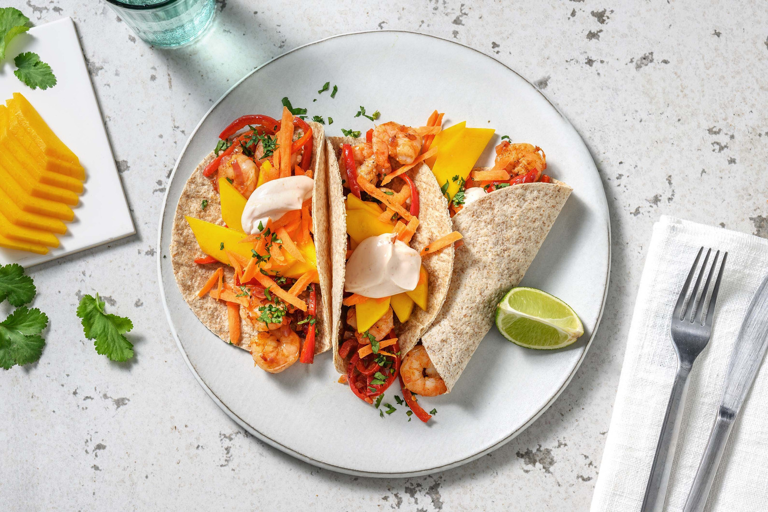 Tacos crevettes, mangue & coriandre