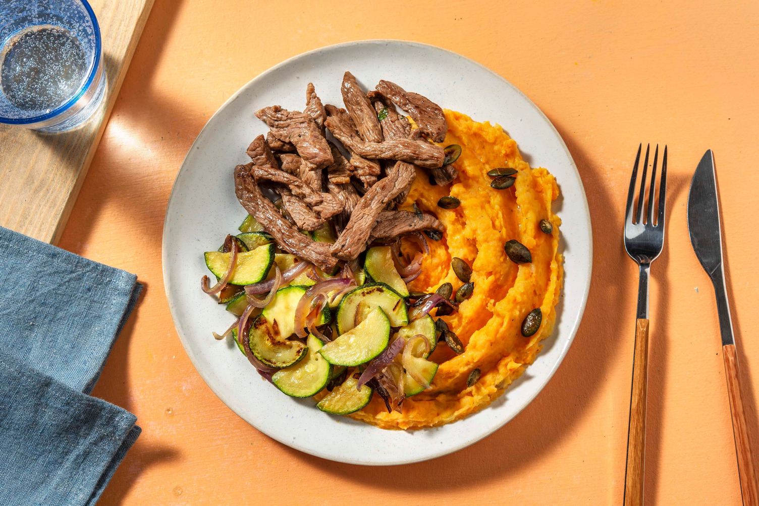 Straccetti di manzo con purè di patate dolci