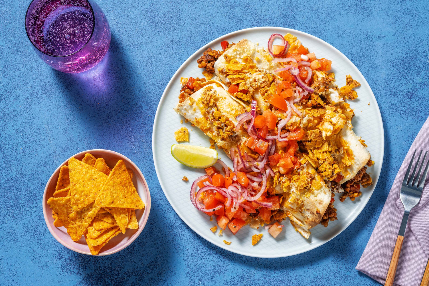 Enchiladas au haché de porc et chips de tortillas croquantes