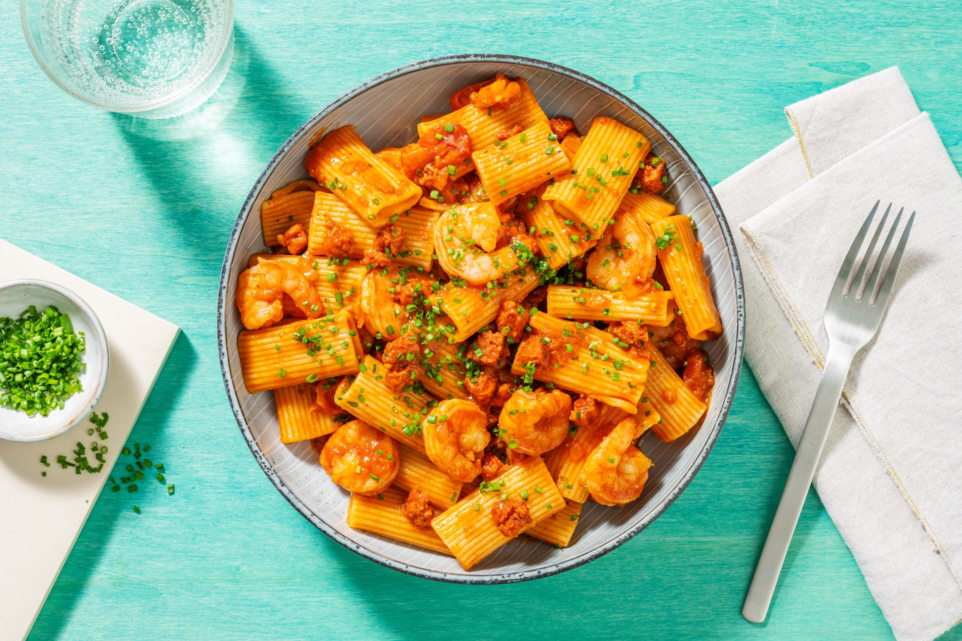 Italiensk räk- och chorizopasta