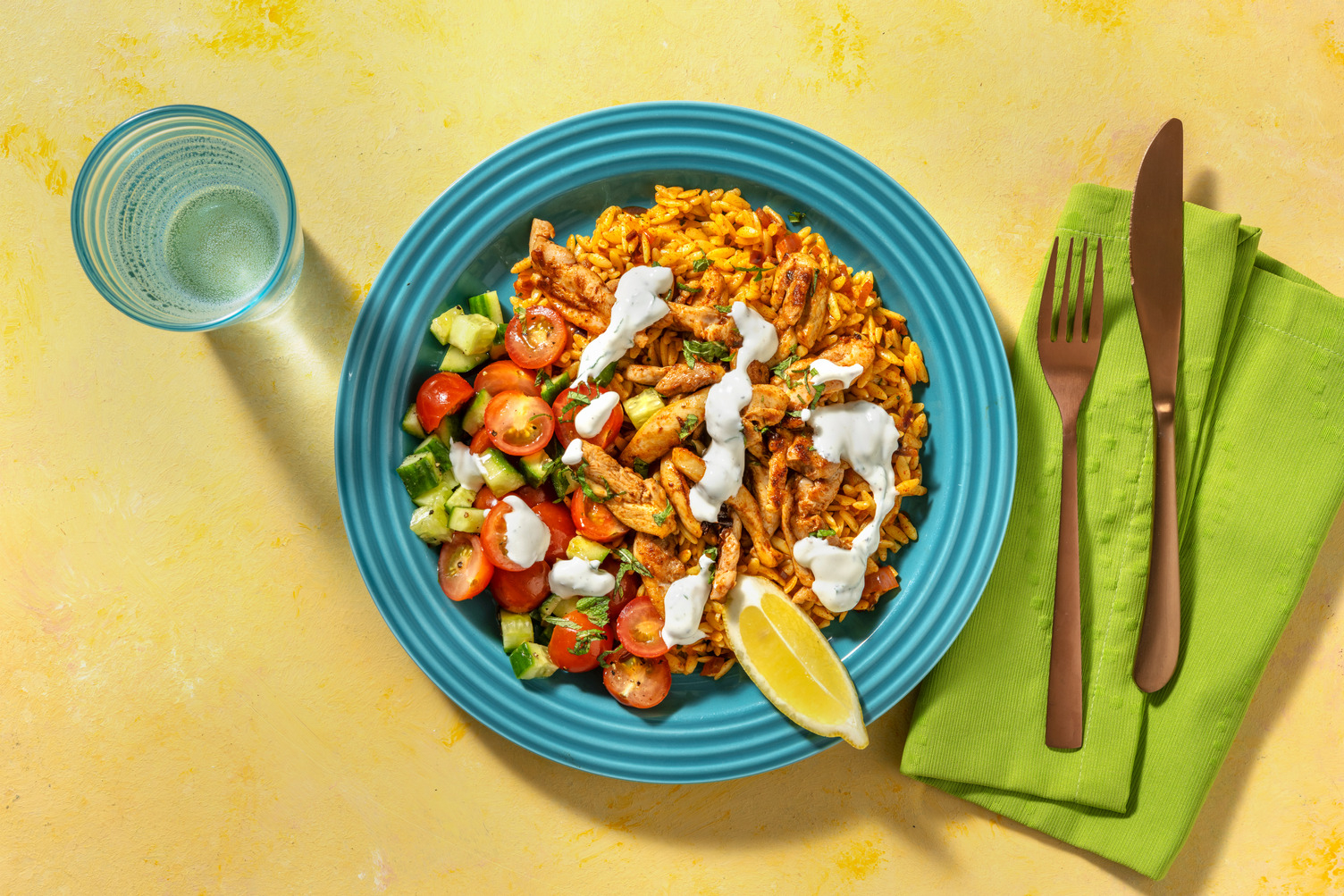 Orzo aux émincés végés façon poulet, sauce yaourt & menthe