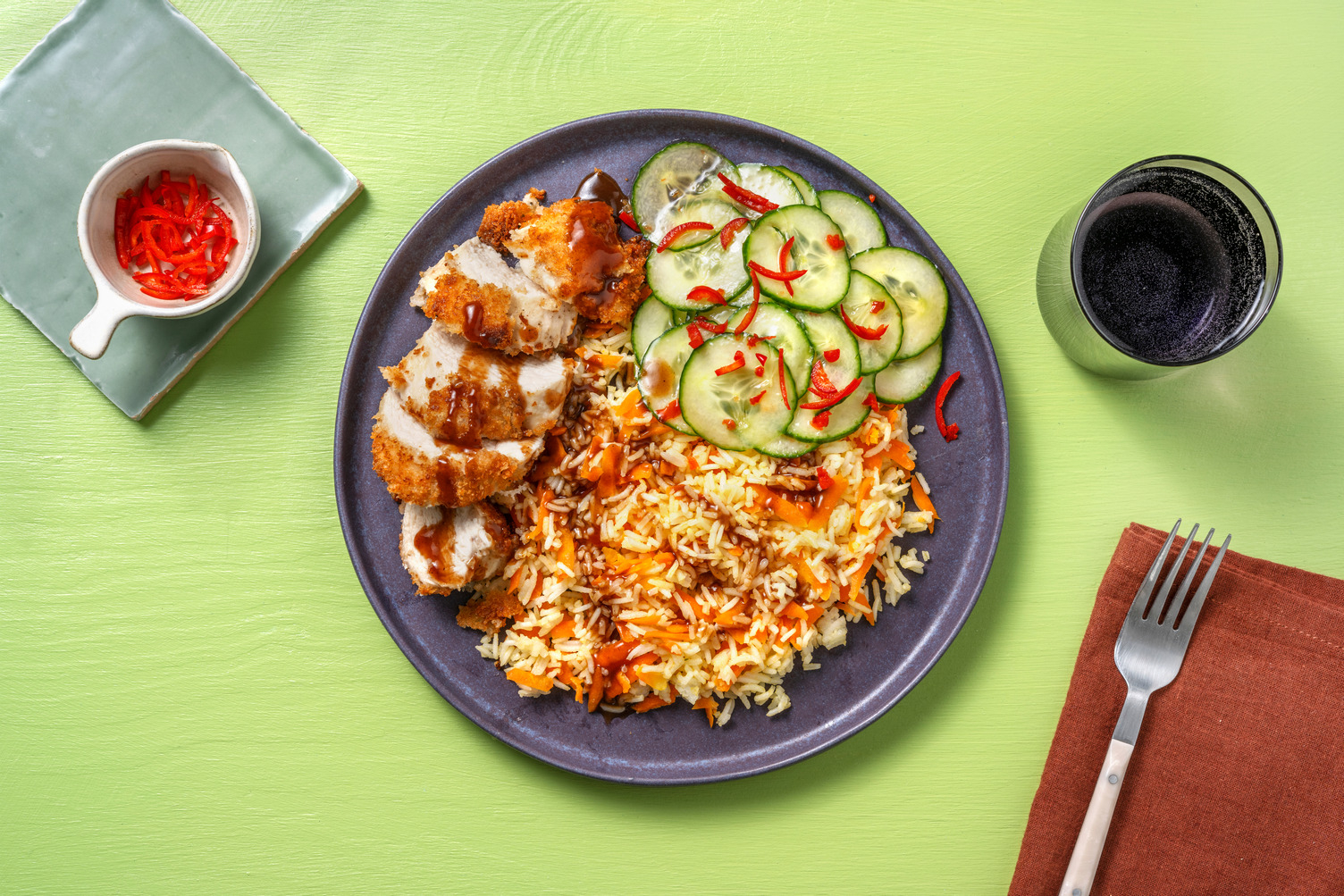 Doppelt Hähnchen Katsu mit Karottenreis