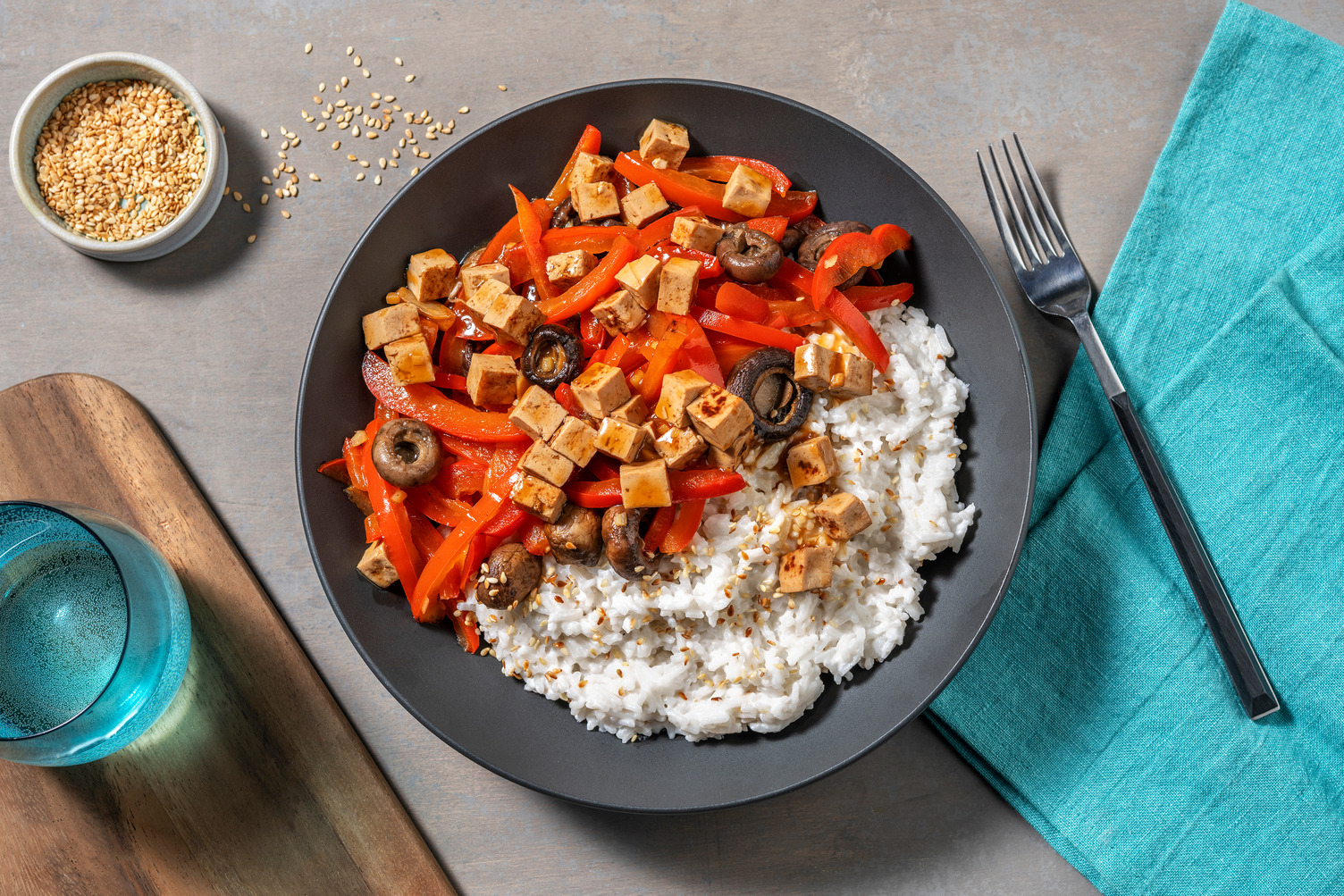 Tofu marinato e mazzancolle alla soia